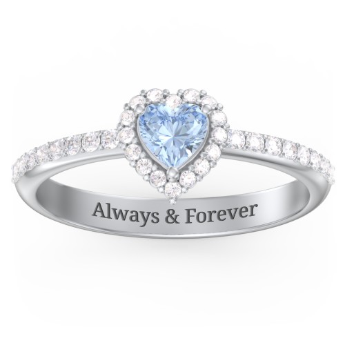 Halo Heart Ring with Accented Band – Sterling Silver with Aquamarine and White Premium Zirconia