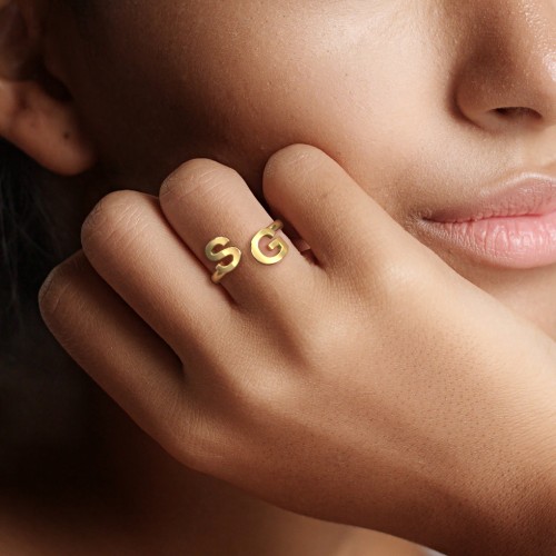 Double Initial Open Cuff Ring – 10K Yellow Gold