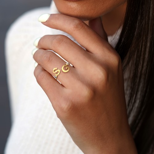 Double Initial Open Cuff Ring with Birthstones – 10K Yellow Gold with Blue Sapphire and Ruby