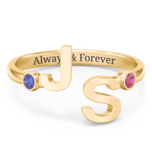 Double Initial Open Cuff Ring with Birthstones – 10K Yellow Gold with Blue Sapphire and Ruby
