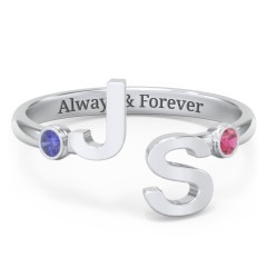 Double Initial Open Cuff Ring with Birthstones – 10K Yellow Gold with Blue Sapphire and Ruby
