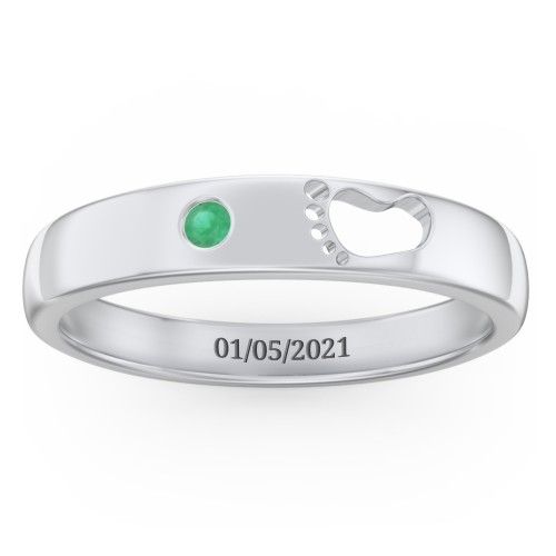 Baby Footprint Cutout Band with Birthstone – 10K White Gold with Emerald