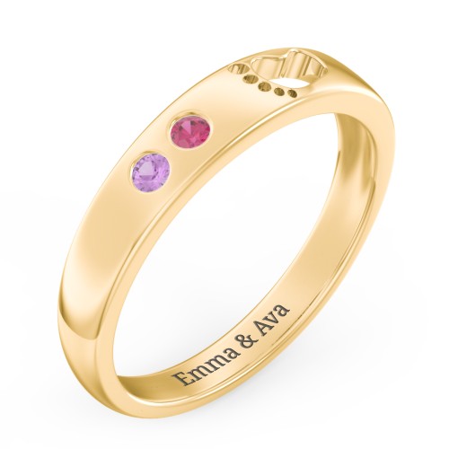 Baby Footprint Cutout Band with 2 Birthstones – 10K Yellow Gold with Amethyst and Ruby