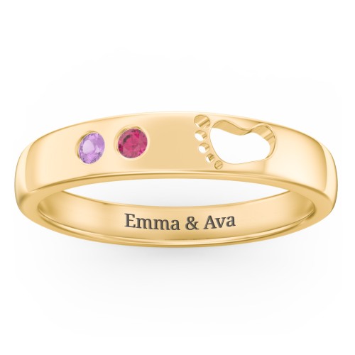 Baby Footprint Cutout Band with 2 Birthstones – 10K Yellow Gold with Amethyst and Ruby