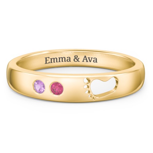 Baby Footprint Cutout Band with 2 Birthstones – 10K Yellow Gold with Amethyst and Ruby