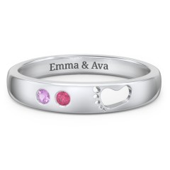 Baby Footprint Cutout Band with 2 Birthstones – 10K Yellow Gold with Amethyst and Ruby