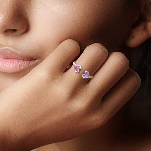 Heart In Heart Gemstone Open Cuff Ring – 18K Gold Plated Silver with Blue Topaz and Emerald