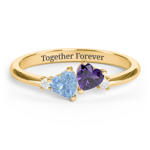 Pair of Hearts Gemstone Promise Ring with Accent Stones – 18K Gold Plated Silver with Blue Topaz, Amethyst, and White Premium Zirconia