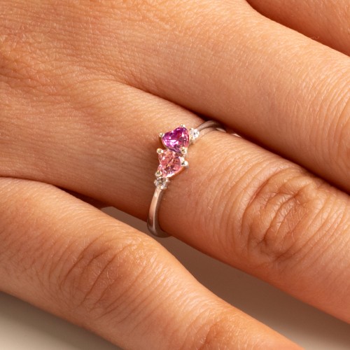 Pair of Hearts Gemstone Promise Ring with Accent Stones – Sterling Silver with Blue Topaz, Amethyst, and White Premium Zirconia