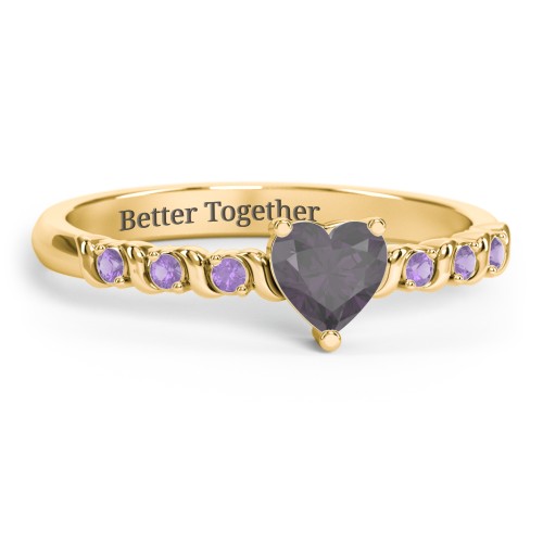 Solitaire Heart Gemstone Ring with Side Accent Stones – 18K Gold Plated Silver with Alexandrite and Amethyst