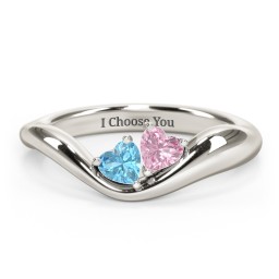 Tilted Double Heart Gemstone Ring with Curved Band