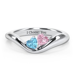 Tilted Double Heart Gemstone Ring with Curved Band – 18K Gold Plated Silver with Blue Topaz and Pink Tourmaline