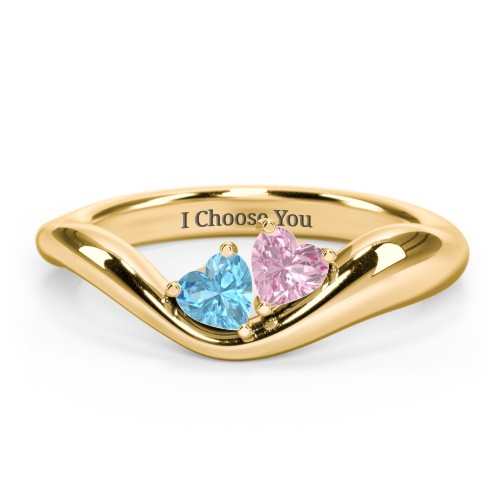 Tilted Double Heart Gemstone Ring with Curved Band – 18K Gold Plated Silver with Blue Topaz and Pink Tourmaline