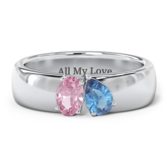 Toi et Moi Oval and Pear Gemstone Ring with Wide Band – 10K Yellow Gold with Pink Tourmaline and Blue Topaz