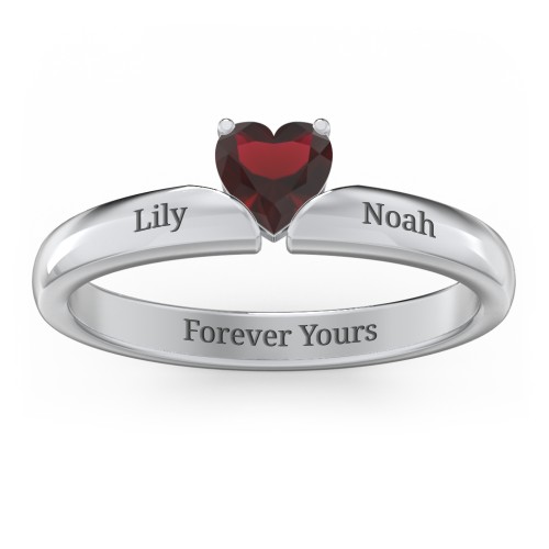 Solitaire Heart Gemstone Ring with Engravable Band – Sterling Silver with Garnet