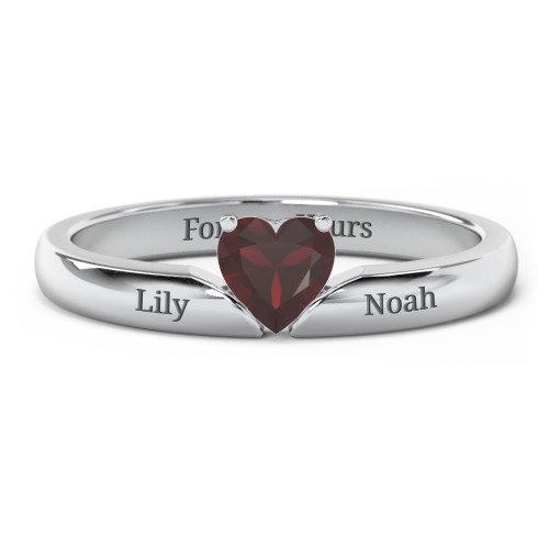 Solitaire Heart Gemstone Ring with Engravable Band – Sterling Silver with Garnet