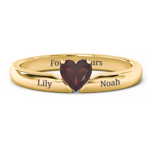 Solitaire Heart Gemstone Ring with Engravable Band – 18K Gold Plated Silver with Garnet