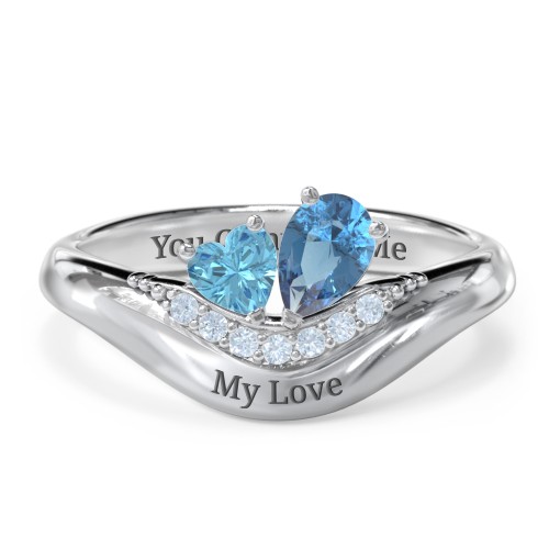 Toi et Moi Heart and Pear Gemstone Ring with Curved Band and Accent Stones – Sterling Silver with Blue Topaz and Fancy Blue Premium Zirconia