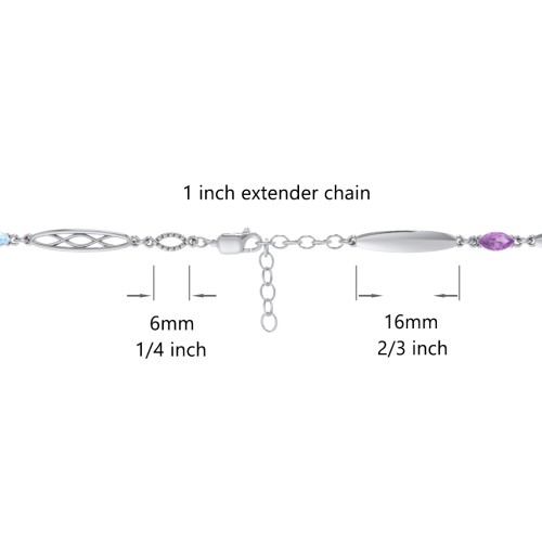 Engravable Family Bracelet with Marquise Birthstones (1-5 Stones) – Sterling Silver with Amethyst, Pink Tourmaline, and Aquamarine