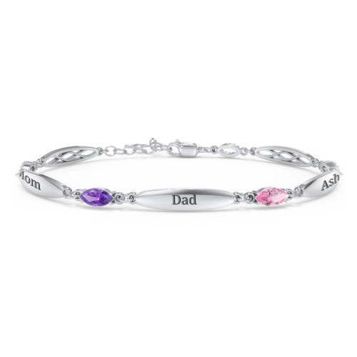 Engravable Family Bracelet with Marquise Birthstones (1-5 Stones) – Sterling Silver with Amethyst, Pink Tourmaline, and Aquamarine