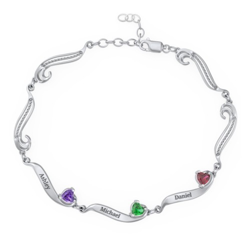 Engravable Milgrain Family Bracelet with Heart Birthstones (1-7 Stones)