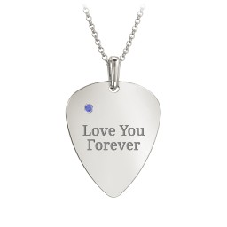 Men's Engravable Guitar Pick Necklace with Gemstone in 10K Solid White Gold with Blue Sapphire