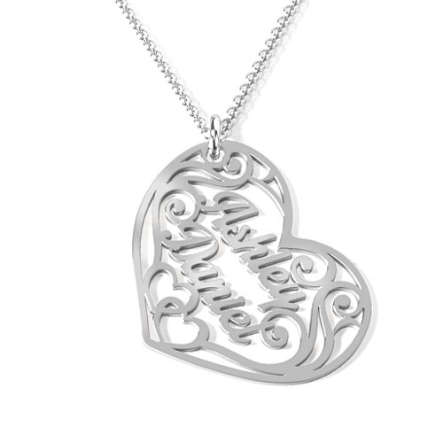 Fancy Filigree Heart Name Necklace – 10K White Gold