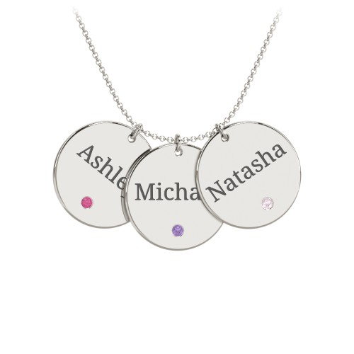 Engravable 3 Disc Pendant with Birthstone – 10K White Gold with Ruby, Amethyst, and Pink Tourmaline