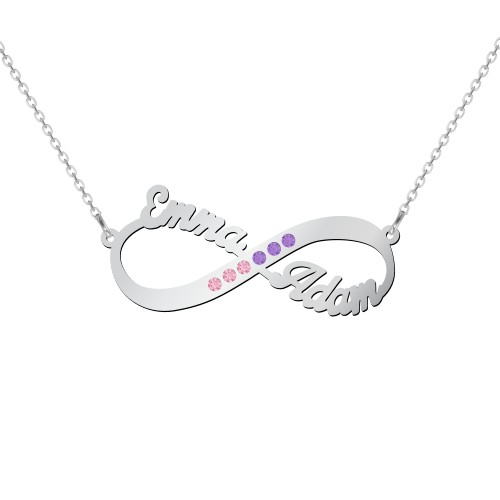 Infinity Name Necklace with Accents – 10K White Gold with Fancy Pink Premium Zirconia and Amethyst Premium Zirconia