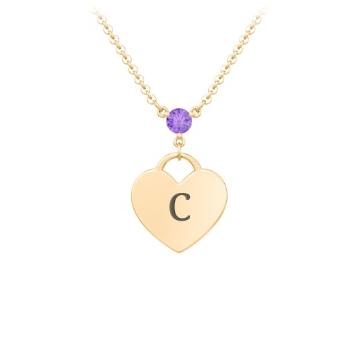 Engravable Heart Necklace with Birthstone – 10K Yellow Gold with Amethyst