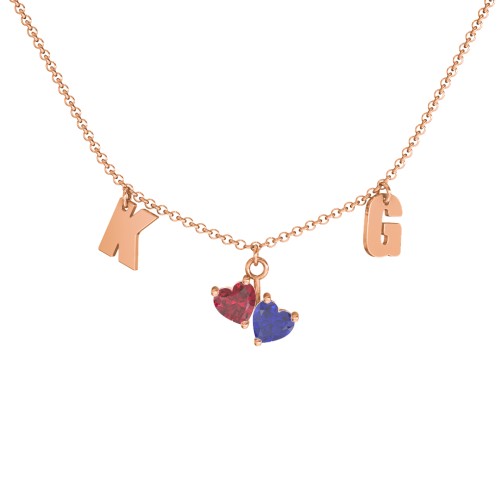 Initials Necklace with Double Heart Gemstones – 10K Rose Gold with Ruby and Blue Sapphire