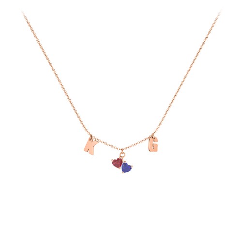 Initials Necklace with Double Heart Gemstones – 10K Rose Gold with Ruby and Blue Sapphire