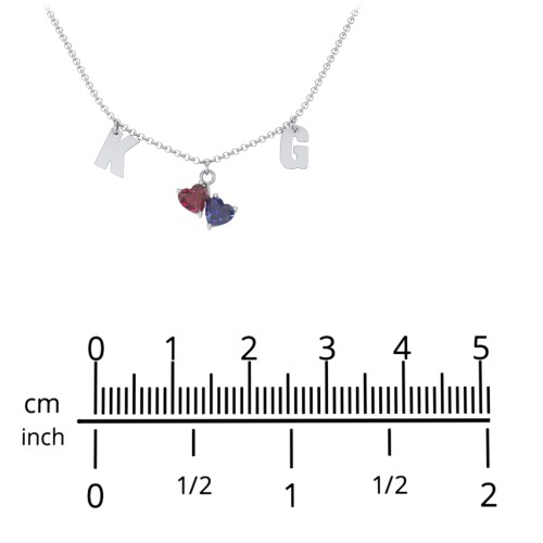 Initials Necklace with Double Heart Gemstones – 10K Rose Gold with Ruby and Blue Sapphire