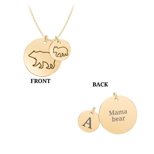 Engravable Mama Bear & Cub Disc Necklace – 10K Yellow Gold