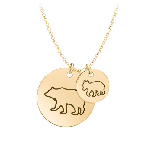 Engravable Mama Bear & Cub Disc Necklace – 10K Yellow Gold