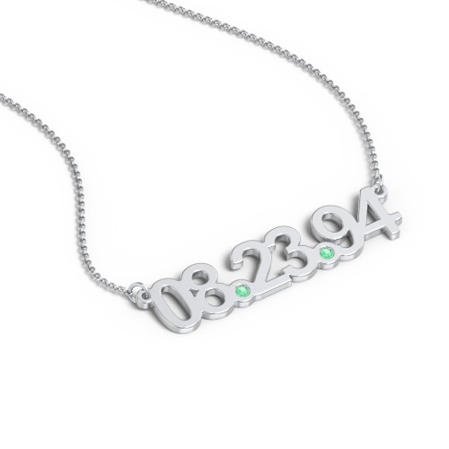 Date Necklace with Birthstones – 10K White Gold with Emerald