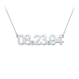 Date Necklace with Birthstones in 10K Solid White Gold with Emerald