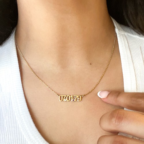 Date Necklace with Birthstones – 10K Yellow Gold with Emerald