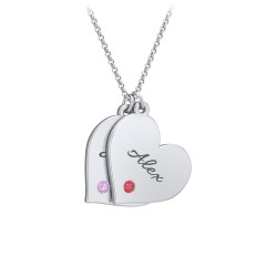 Engravable Hanging 2 Hearts Necklace with Birthstones – Sterling Silver with Amethyst and Garnet