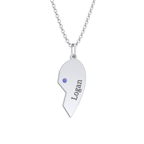 Engravable Split Heart Couples Necklace Set with Birthstones – Sterling Silver with Ruby and Blue Sapphire