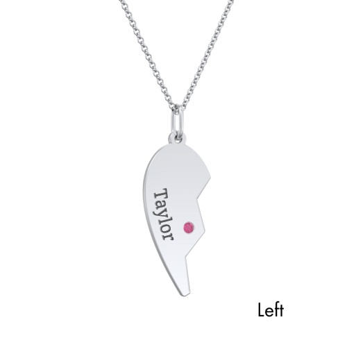 Engravable Split Heart Couples Necklace Set with Birthstones – Sterling Silver with Ruby and Blue Sapphire