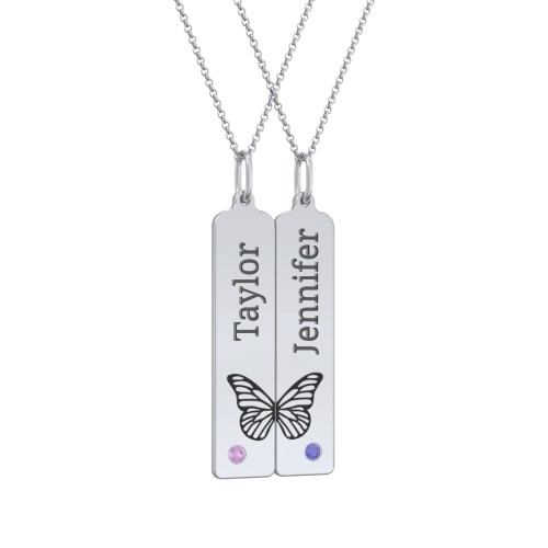 Engravable Butterfly Bar Necklace Set with Birthstones – 10K White Gold with Amethyst and Blue Sapphire