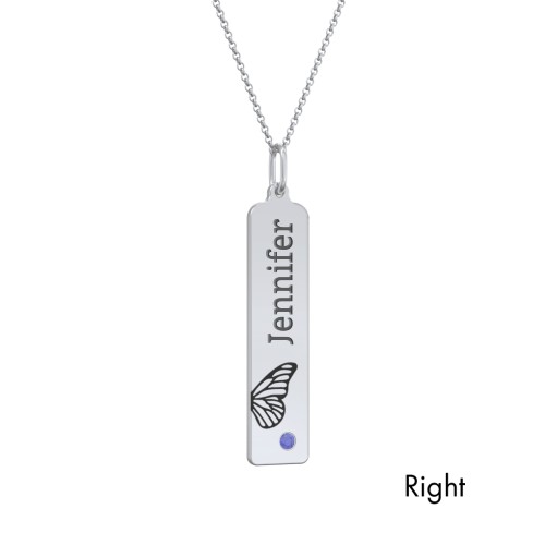 Engravable Butterfly Bar Necklace Set with Birthstones – 10K White Gold with Amethyst and Blue Sapphire