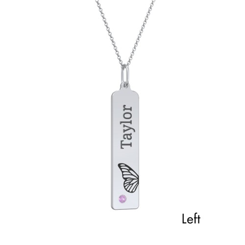 Engravable Butterfly Bar Necklace Set with Birthstones – 10K White Gold with Amethyst and Blue Sapphire