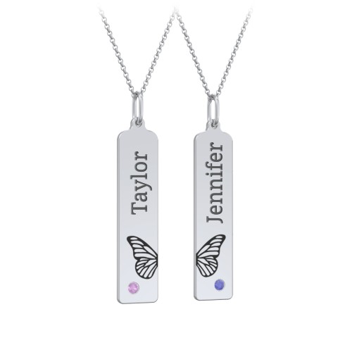 Engravable Butterfly Bar Necklace Set with Birthstones – 10K White Gold with Amethyst and Blue Sapphire