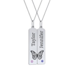 Engravable Butterfly Bar Necklace Set with Birthstones in 10K Solid White Gold with Amethyst and Blue Sapphire