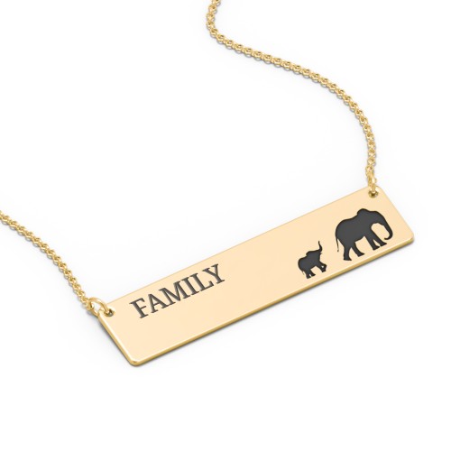 Engravable Mama Elephant Bar Necklace with 1 Calf – 10K Yellow Gold