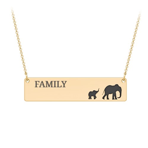 Engravable Mama Elephant Bar Necklace with 1 Calf – 10K Yellow Gold