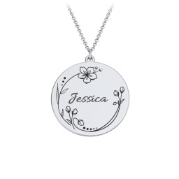 Engravable Floral Disc Necklace in 10K Solid White Gold