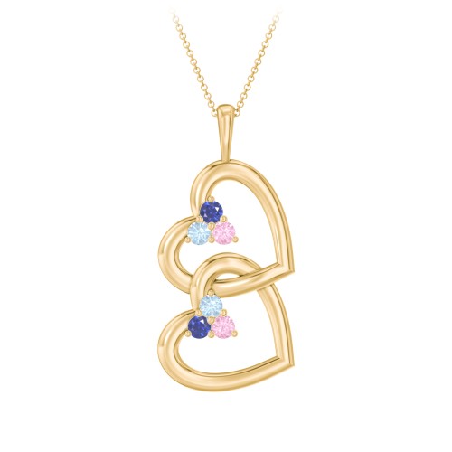 Unity Interlocking Hearts Birthstone Pendant – 10K Yellow Gold with Blue Sapphire, Blue Topaz, and Pink Tourmaline